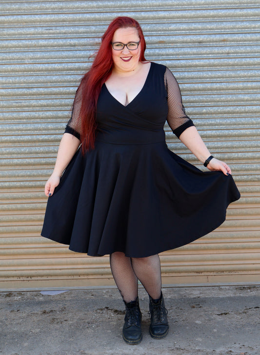 Black Dress, Fishnet Sleeves